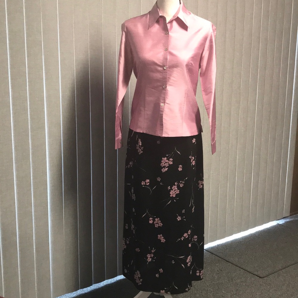 Silk Blouse & Silk Skirt 2-piece Outfit Pink Black